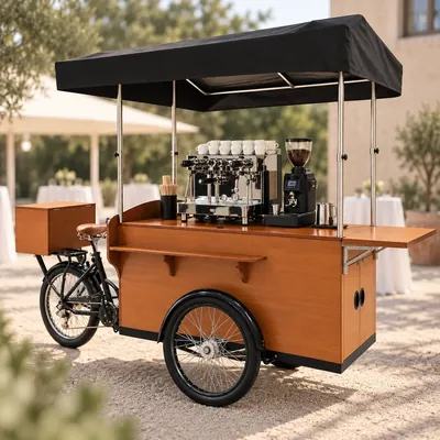 Coffee Bike aus Holz mit Siebträger-Espressomaschine unter schwarzem Sonnendach