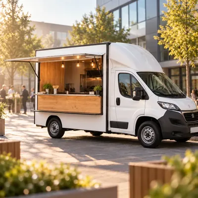 Foodtruck mit geöffneter Verkaufsklappe und beleuchteter Theke auf einem Firmenvorplatz