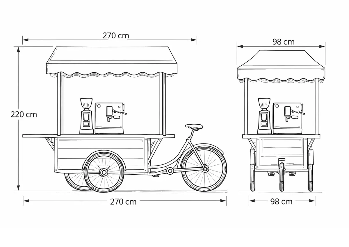 Maßskizze Coffee Bike: 270 cm breit, 98 cm tief, 220 cm hoch