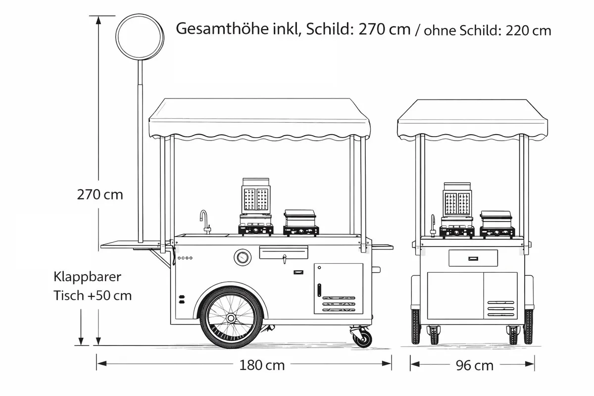 Maßskizze großes Market Cart: 180 cm breit, 96 cm tief, 220 cm hoch, 270 cm mit Schild